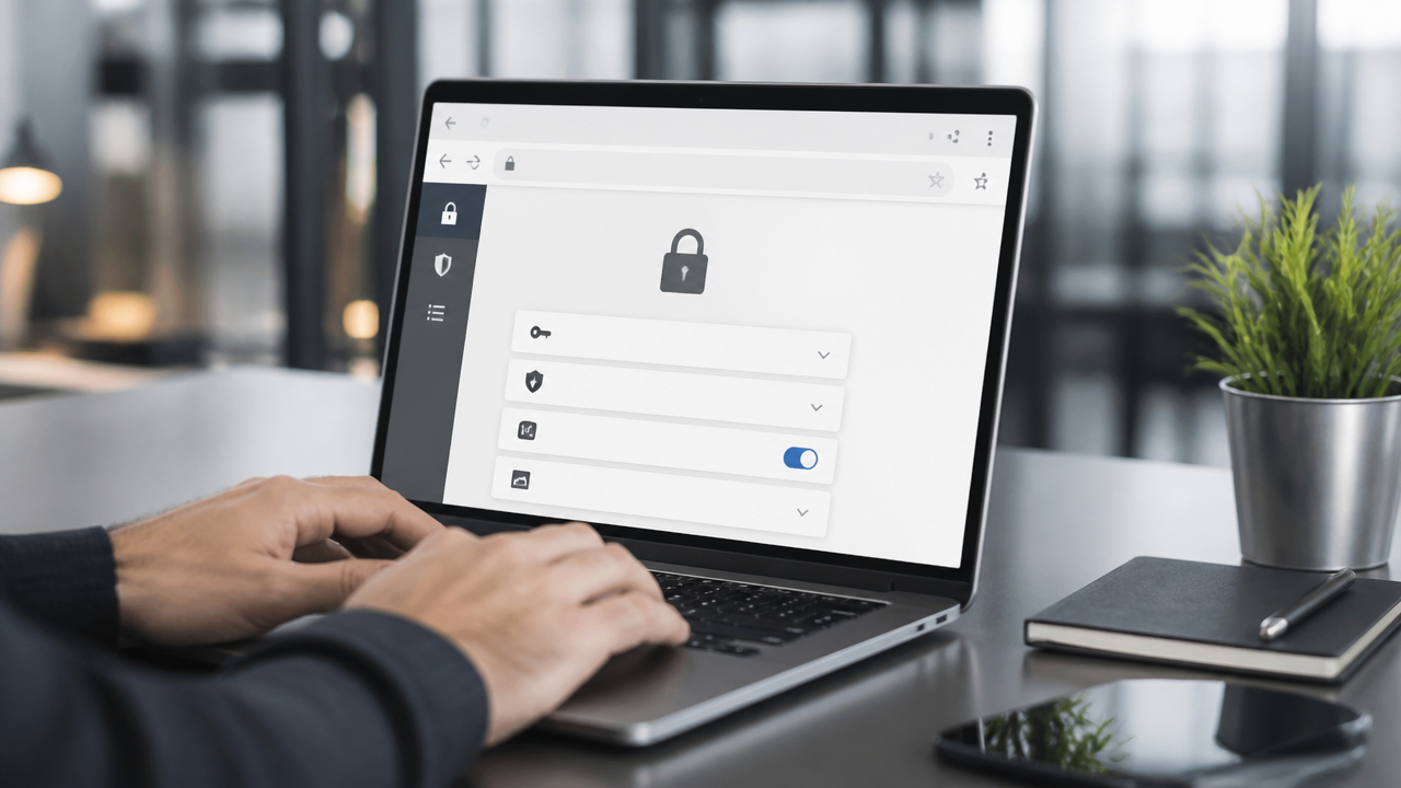 Notebook com navegador seguro e ícone de cadeado, representando certificado SSL em um site