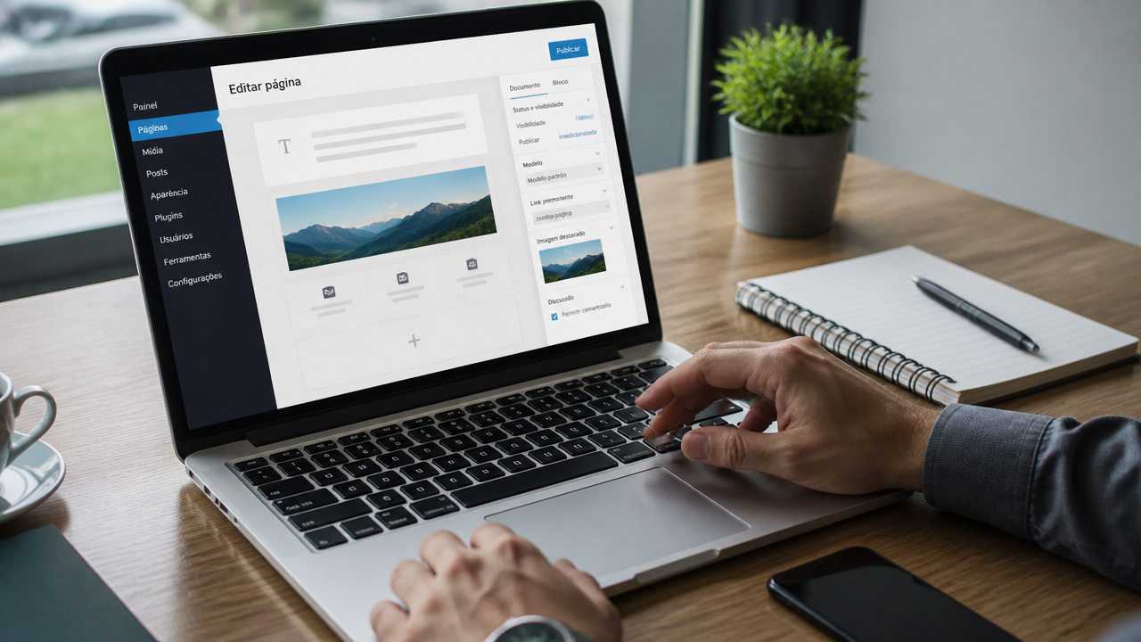 Profissional criando um site em um painel de gerenciamento de conteúdo no notebook