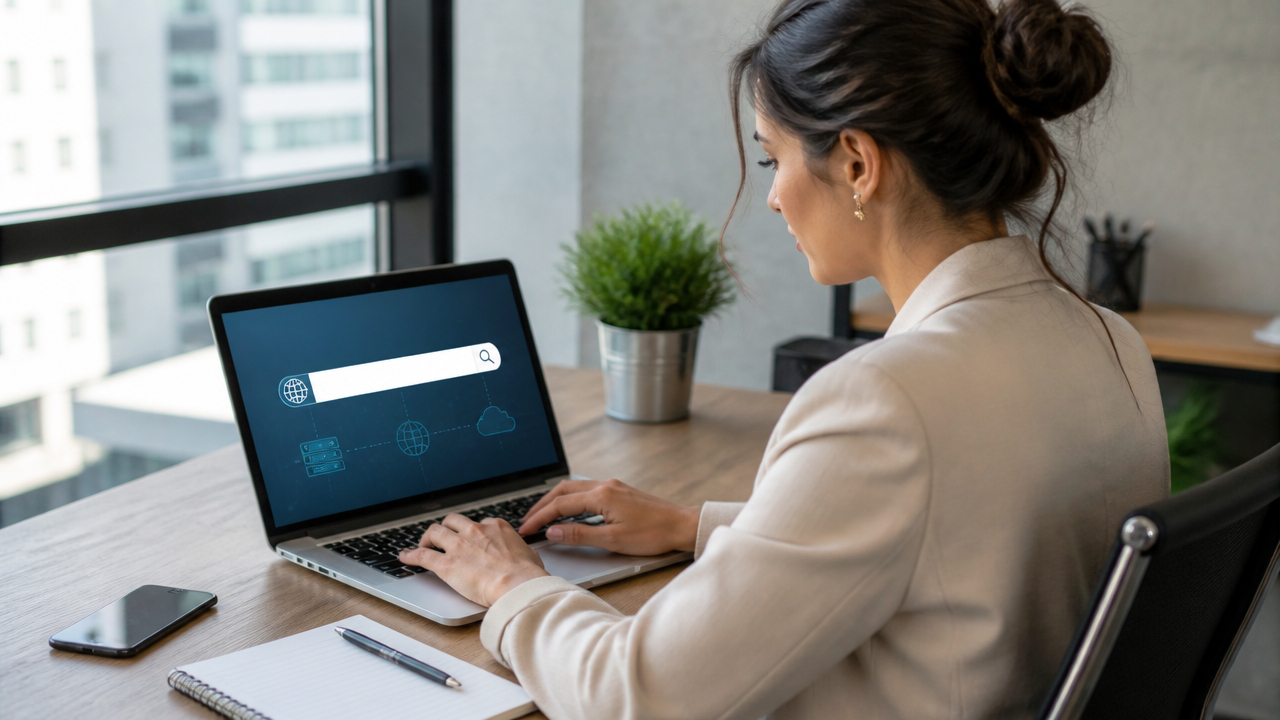 Profissional registrando o endereço de um site em um notebook, em ambiente de escritório moderno